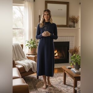 Minibee  knit  Blue A-Line Long Sleeve Mock Neck midi Dress